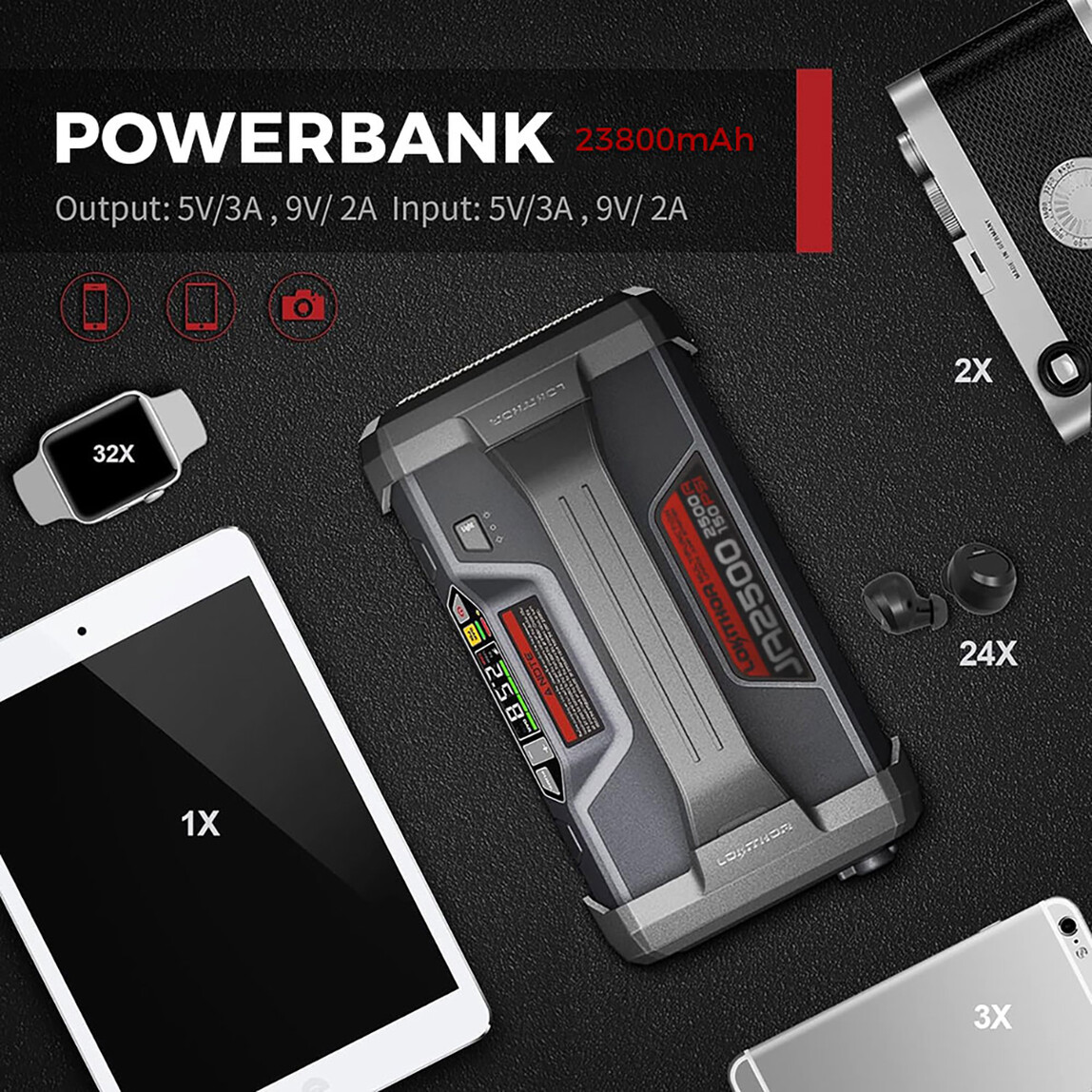    Lokithor JA2500 12V 2500 Amp LiFePO4 Akıllı Akü Takviye-Pompa-Powerbank-Led Lamba 