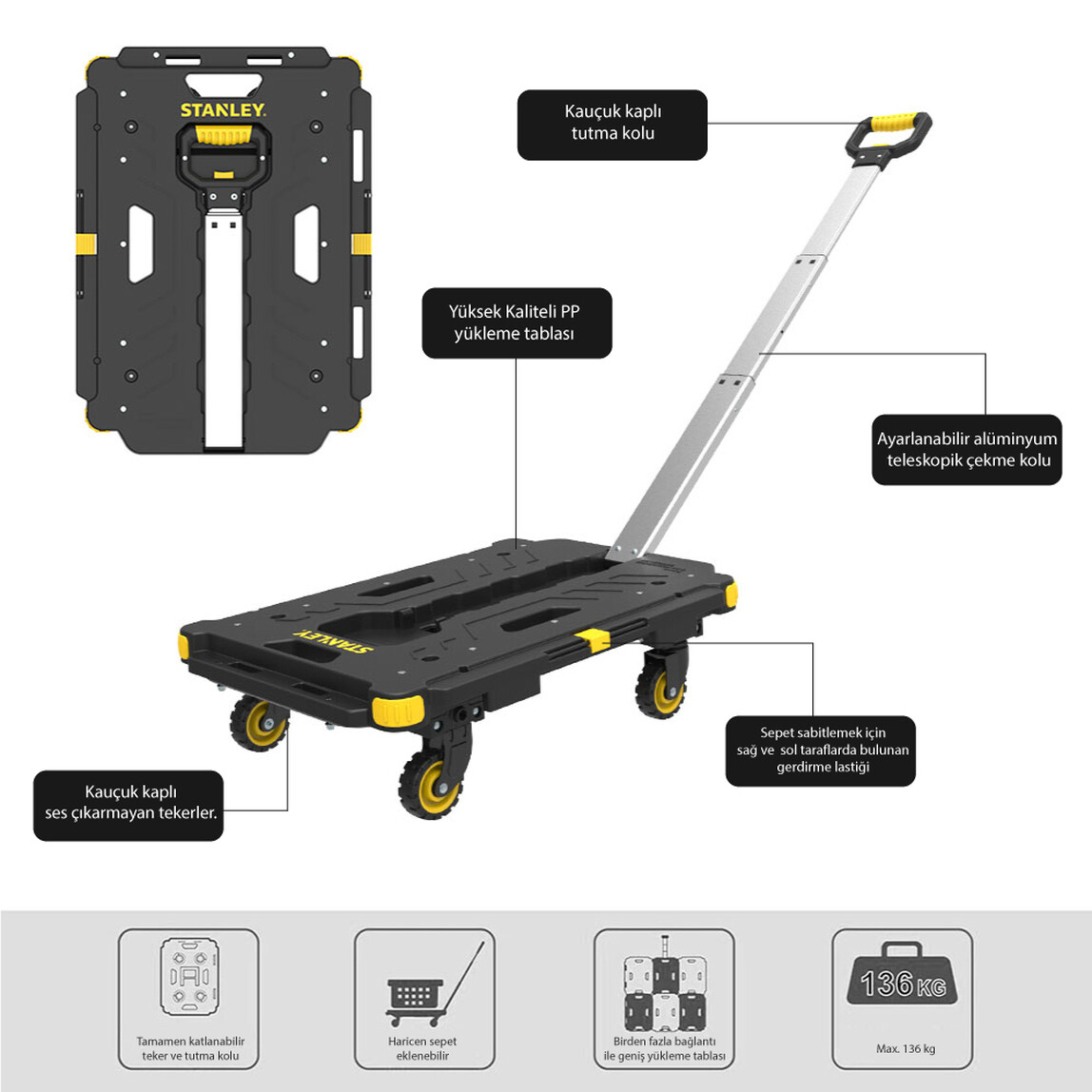    Stanley PC532B 137 Kg Dört Tekerli Çekme Kollu Yük ve Paket Taşıma Arabası 