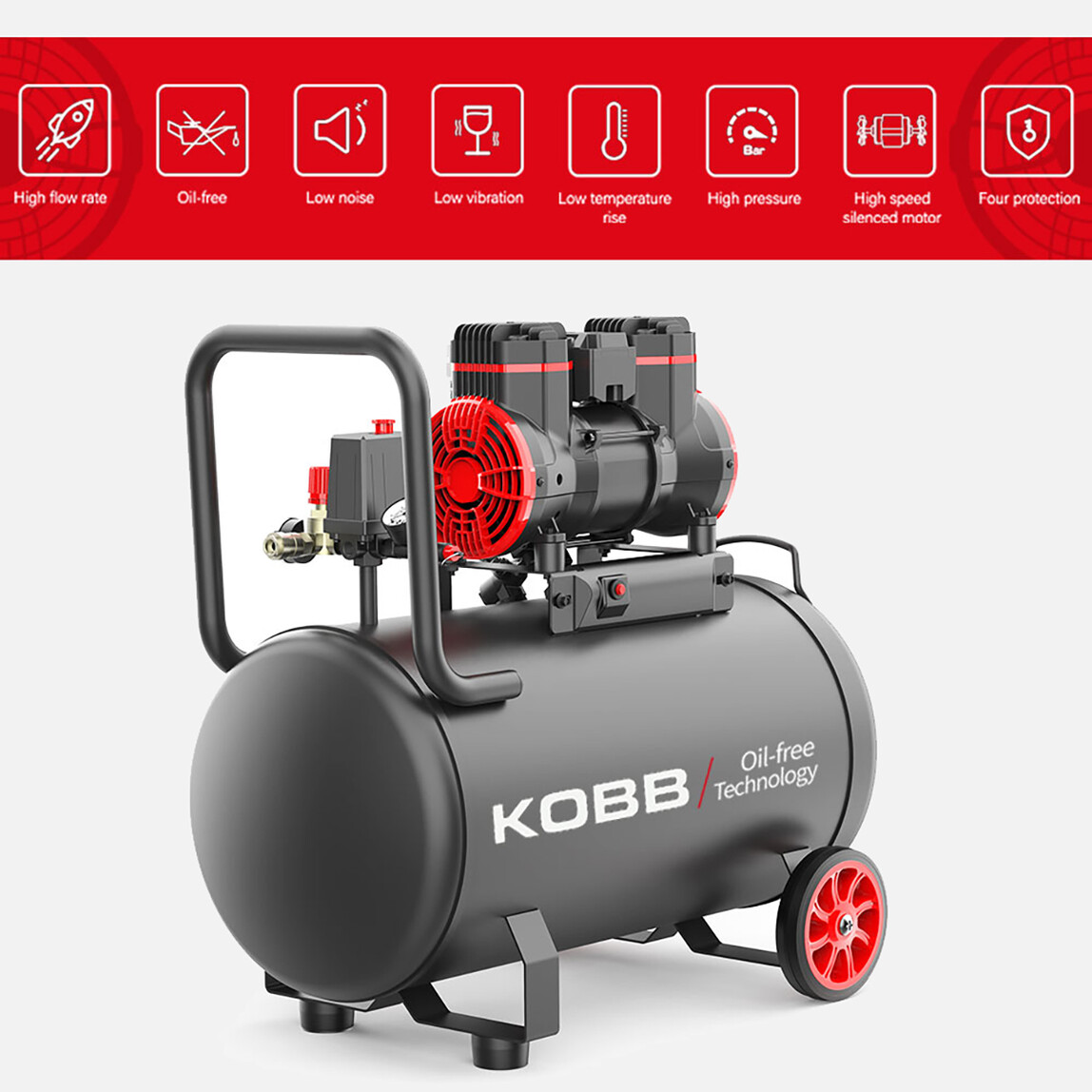    KOBB KBK50S 2.0HP 50Lt 8Bar Yağsız Sessiz Taşınabilir Hava Kompresörü 