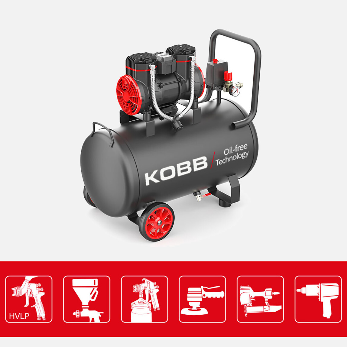    KOBB KBK50S 2.0HP 50Lt 8Bar Yağsız Sessiz Taşınabilir Hava Kompresörü 