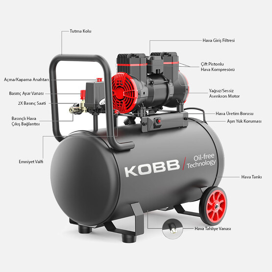 KOBB KBK50S 2.0HP 50Lt 8Bar Yağsız Sessiz Taşınabilir Hava Kompresörü