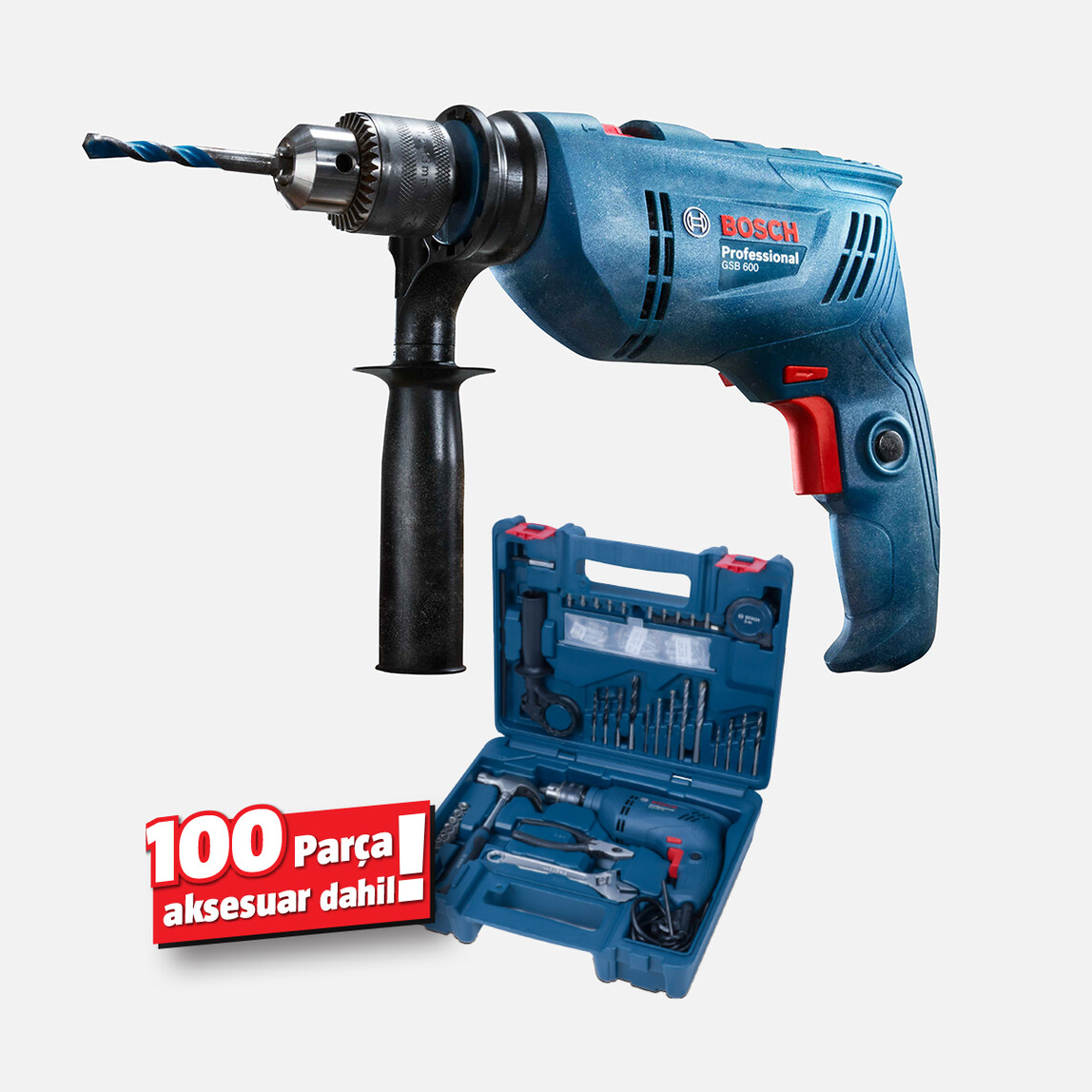    Bosch GSB 600 Profesyonel Darbeli Matkap (100 Parça Aksesuar Hediyeli) 